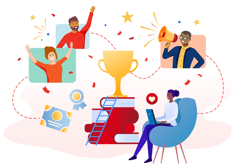 Illustration of four people celebrating book award announcements in a virtual environment.