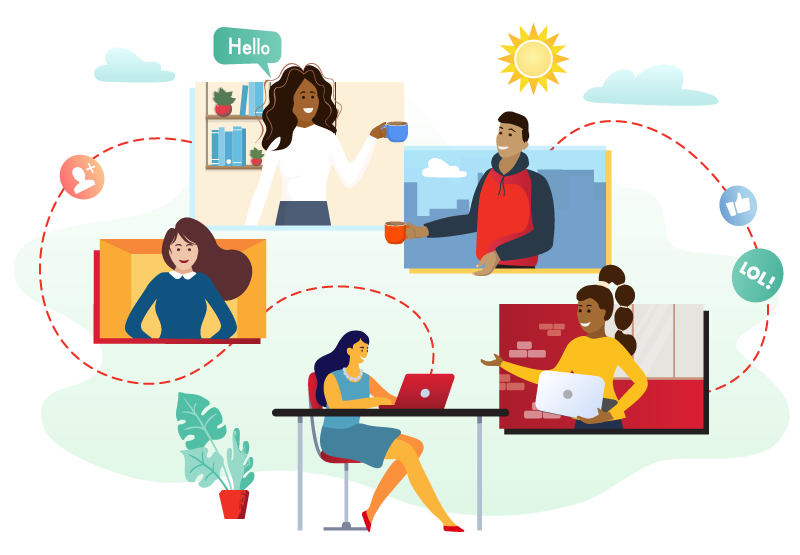 Illustration of five people conversing and making connections in a virtual environment.